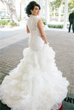 Lace Mermaid High Collar Plus Size Wedding Dress Tiers Organza Vestido De Noiva Bridal Gown CE0117