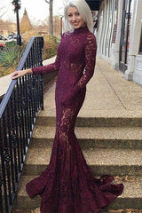 Lace Middle-neck Sweep-train Prom Dresses | Long-sleeves Elegant Mermaid Dresses