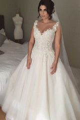 Latest A-line Lace Applique Bridal Gown Open Back Sleeveless Court Train Wedding Dress JT116