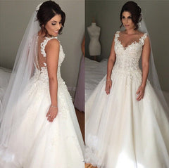 Latest A-line Lace Applique Bridal Gown Open Back Sleeveless Court Train Wedding Dress JT116