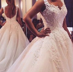 Latest Lace Ball Gown Princess Dress with Beadings Court Train Tulle Bridal Gowns