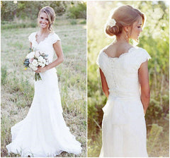 Latest Simple V-Neck White Lace Wedding Gowns Chiffon Short Sleeve Plus Size Bridal Dress