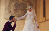 Latest White Lace Long Sleeve Arabic Bridal Dresses Formal Sweep Train Arab Wedding Dress