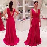 Long Chiffon Red Evening Dresses Bowknot Sleeveless V-neck Prom Dresses