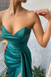 Long Dark Green Mermaid Sleeveless Satin Prom Dresses With Split