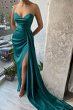 Long Dark Green Mermaid Sleeveless Satin Prom Dresses With Split