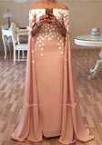 Long Floor Length Designer Cape Evening Dresses Appliques Flowers Glamorous Prom Dress