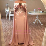 Long Floor Length Designer Cape Evening Dresses Appliques Flowers Glamorous Prom Dress