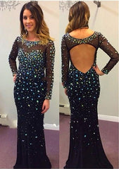 Long Sleeve Black Prom Dress Open Back Crystals Sequins Sheath Evening Dresses