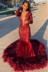 Long Sleeve Burgundy Feather Mermaid Prom Dresses