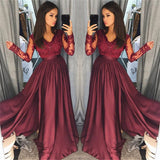 Long Sleeve Burgundy Lace Prom Dress V-neck New Arrival Formal Evening Dress with Split FB0205