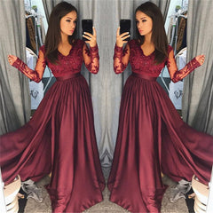 Long Sleeve Burgundy Lace Prom Dress V-neck New Arrival Formal Evening Dress with Split FB0205