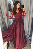 Long Sleeve Burgundy Lace Prom Dress V-neck New Arrival Formal Evening Dress with Split FB0205