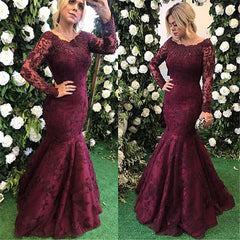 Long Sleeve Burgundy Prom Dresses Mermaid Beads Lace Popular Evening Gown BA7388