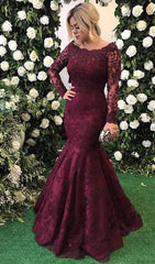 Long Sleeve Burgundy Prom Dresses Mermaid Beads Lace Popular Evening Gown BA7388