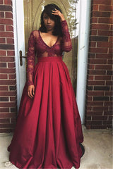 Long Sleeve Deep V-neck Sexy Evening Dresses Burgundy Prom Gowns BA4007