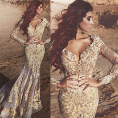 Long Sleeve Lace Appliques Prom Dresses | Mermaid Beads Sheer Tulle Sexy Evening Gowns