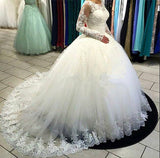 Long Sleeve Lace Ball Gown Wedding Dress Tulle Sweep Train Bridal Gowns