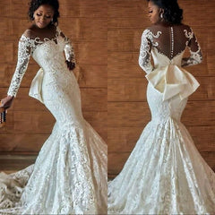 Long Sleeve Lace Wedding Dresses | Sexy Sheer Tulle Mermaid Bridal Dresses with Bow