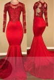 Long Sleeve Mermaid Lace Prom Dresses | Red Sheer Tulle Evening Gown FB0283