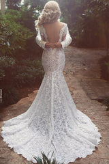 Long Sleeve Mermaid Lace Wedding Dress Sexy Open Back V-neck Classic Bridal Gown