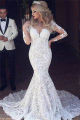 Long Sleeve Mermaid Lace Wedding Dress Sexy Open Back V-neck Classic Bridal Gown