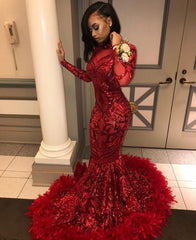 Long Sleeve Mermaid Red Prom Dresses | Sequins Appliques Feather Evening Dress BC1327