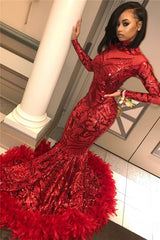 Long Sleeve Mermaid Red Prom Dresses | Sequins Appliques Feather Evening Dress BC1327