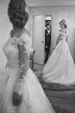 Long Sleeve Off-the-shoulder Wedding Dress Lace Tulle Bridal Gowns with Pearls