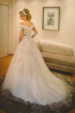 Long Sleeve Off-the-shoulder Wedding Dress Lace Tulle Bridal Gowns with Pearls