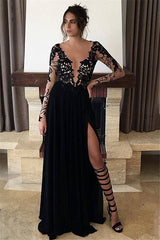 Long Sleeve Sheer Tulle Black Lace Evening Dresses Split Chiffon Sexy Prom Dresses BA3485