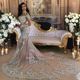 Long Sleeve Silver High Neck Popular Evening Dress Lace Mermaid Luxury Wedding Dresses BH-362