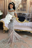 Long Sleeve Silver High Neck Popular Evening Dress Lace Mermaid Luxury Wedding Dresses BH-362