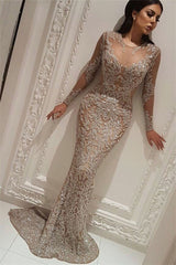 Long Sleeve Sparkly Prom Dresses | Sexy Mermaid Beads Evening Gowns with Nude Lining BC0528