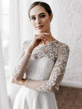 Long Sleeves Appliques Satin White Lace Wedding Dresses Long