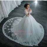 Long Sleeves Beaded Sheer Ball Gown Wedding Dress Lace Bridal Dresses LY104