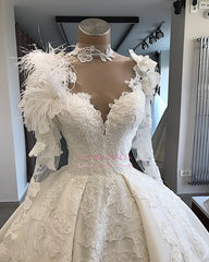 Long-Sleeves Brilliant High-Neck Appliques Flowers Feather Wedding Dresses