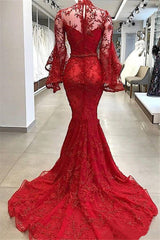 Long Sleeves High Neck Lace Red Evening Dresses | Mermaid Beads Bell Sleeves Prom Dress BC0816