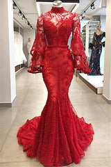 Long Sleeves High Neck Lace Red Evening Dresses | Mermaid Beads Bell Sleeves Prom Dress BC0816