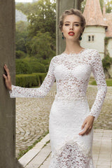 Long Sleeves Lace Mermaid Bridal Gowns Deep V Back Waved Court Train Wedding Dress