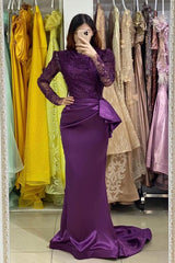 Long Sleeves Purple Mermaid Evening Gown with Soft Floral LAce Appliques