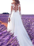 Long Sleeves V Neck Lace Appliques Chiffon Wedding Dresses Long