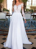 Long Sleeves V Neck Lace Appliques Chiffon Wedding Dresses Long