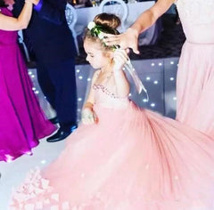 Lovely Pink Spaghetti Straps Flower Girl Dresses | Crystal Tulle Puffy Girls Pageant Dresses