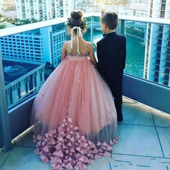 Lovely Pink Spaghetti Straps Flower Girl Dresses | Crystal Tulle Puffy Girls Pageant Dresses