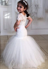 Lovely Short Sleeve Mermaid Children Dresses Lace Mermaid Floor Length Flower Girl Dress BA2193