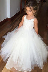 Lovely Sleeveless Spaghetti Straps Lace Flower Girl Dresses | White Tulle Ball Gown Pageant Dresses