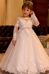 Lovely White Long Sleeves Flower Girl Dresses | Off Shoulder Lace Appliques Pageant Dress