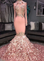 Luxurious Crew Long Sleeves Mermaid Appliques Prom Dresses | Sweep Train Ruffles Evening Gown On Sale BC1046