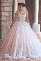 Luxurious Long Sleeve Sheer Tulle Wedding Dresses Beadings Ball Gown Bridal Dresses